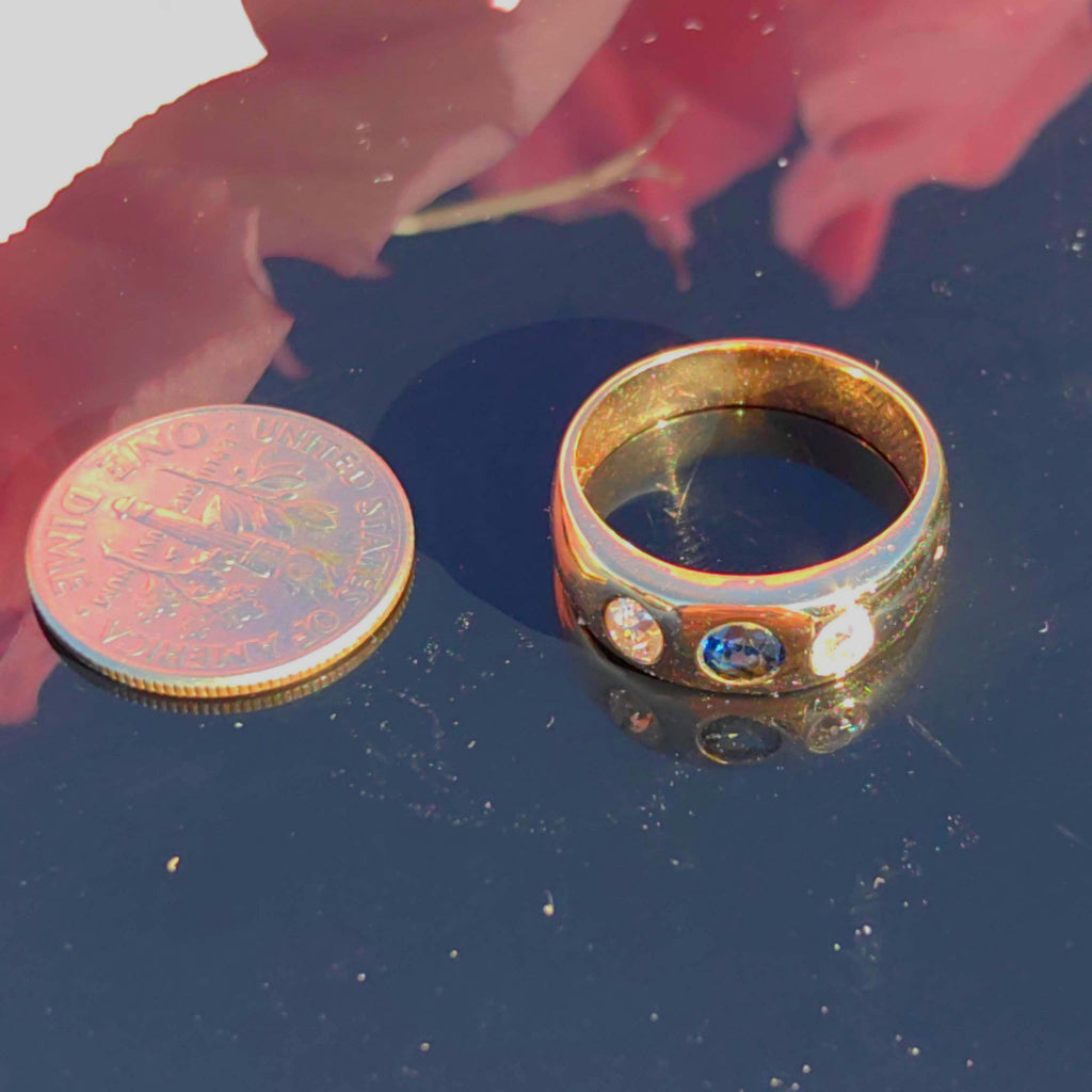 Victorian Sapphire Diamond Ring: 14k Yellow Gold Antique Gipsy Band