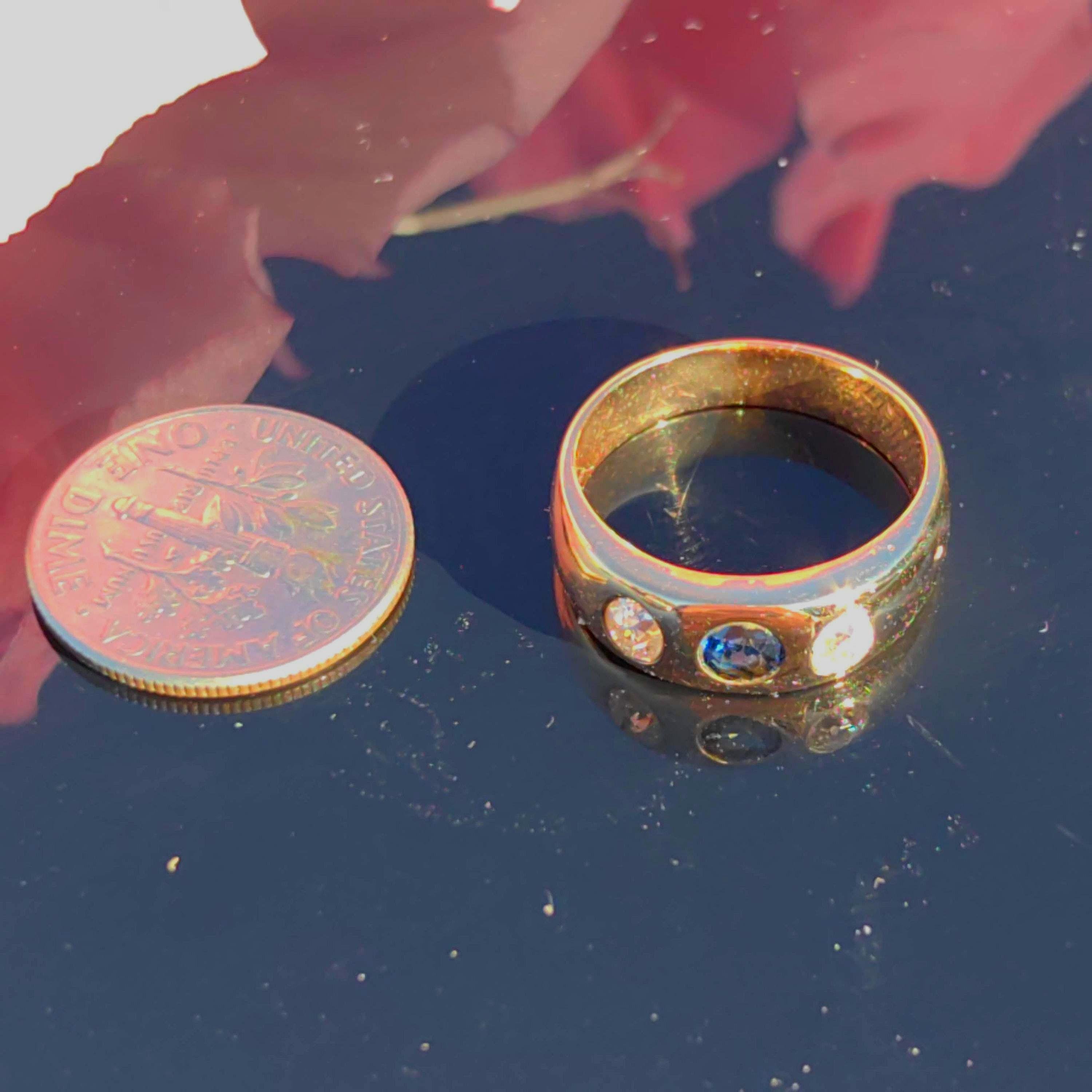 Victorian Sapphire Diamond Ring: 14k Yellow Gold Antique Gipsy Band