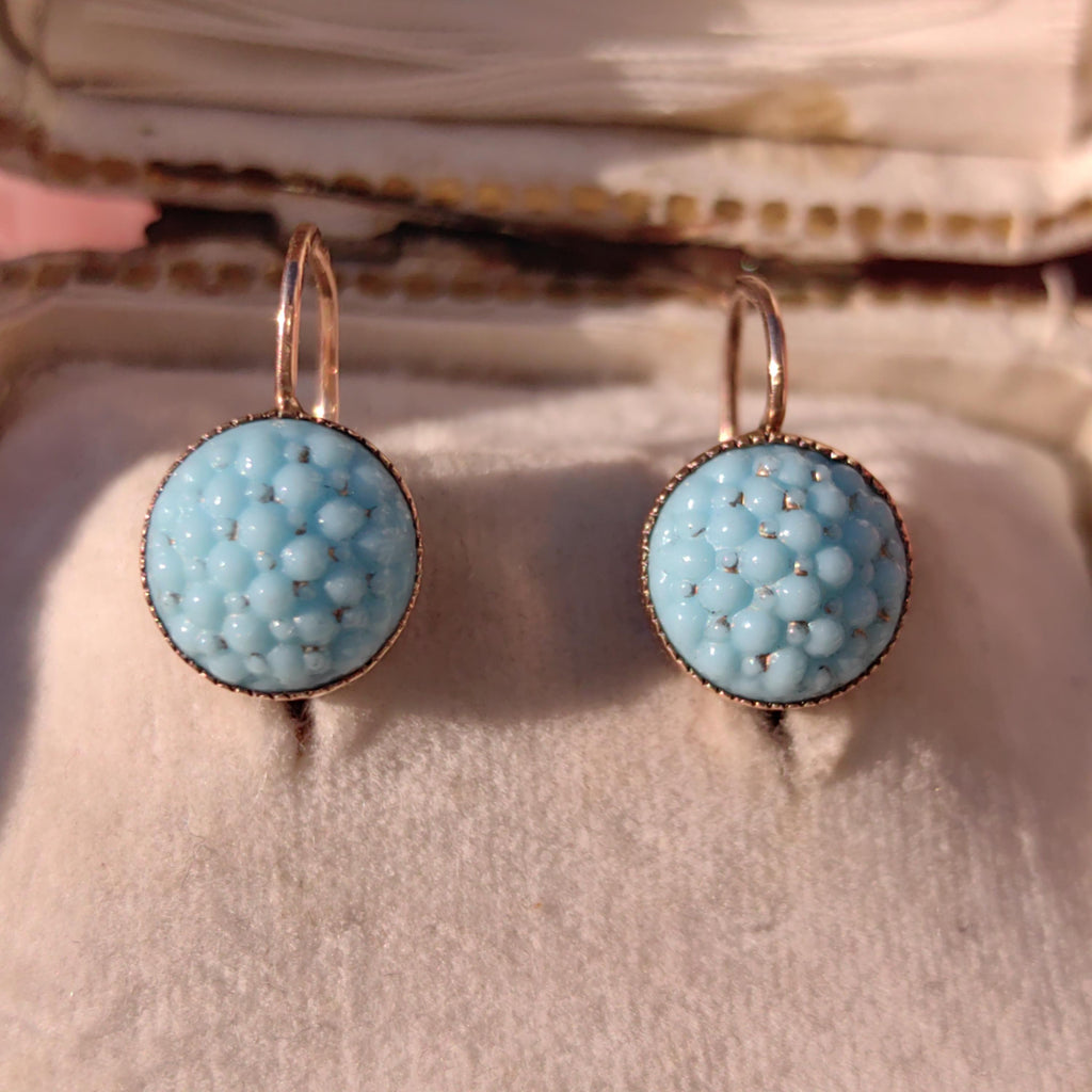 Antique 14k Yellow Rose Champagne Gold Turquoise Porcelain Dormouse Earrings Art Nouveau Floral Design Dangle Earrings