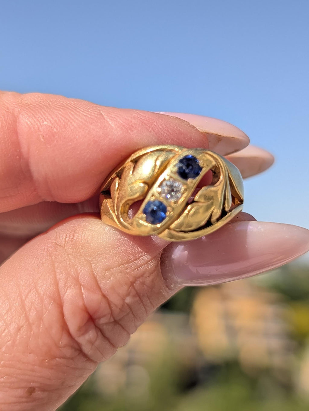 Victorian 1880s Sapphire Diamond Three Stone Ring 19K Gold Laurel Leaf Wide Band Antique US Duty Free HTS 9706
