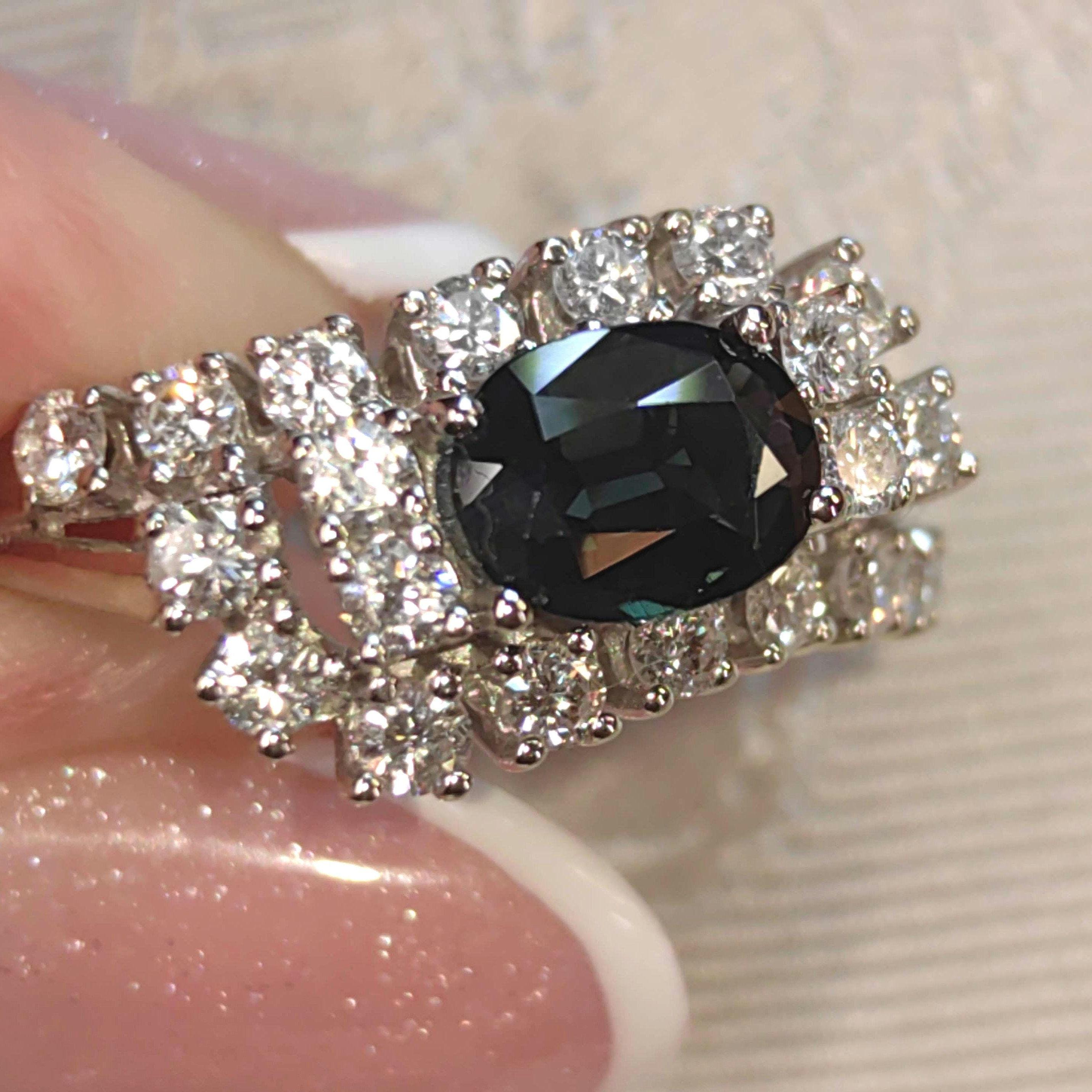 Vintage Mid-Century Sapphire Diamond Ring: 14k White Gold Engagement Ring