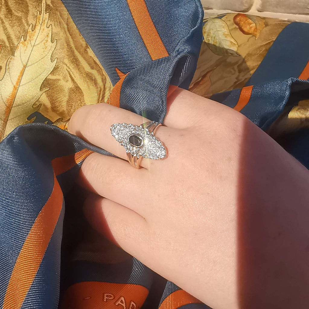 Sapphire and Diamond Marquise  14k Solid Gold Art Deco Antique Ring