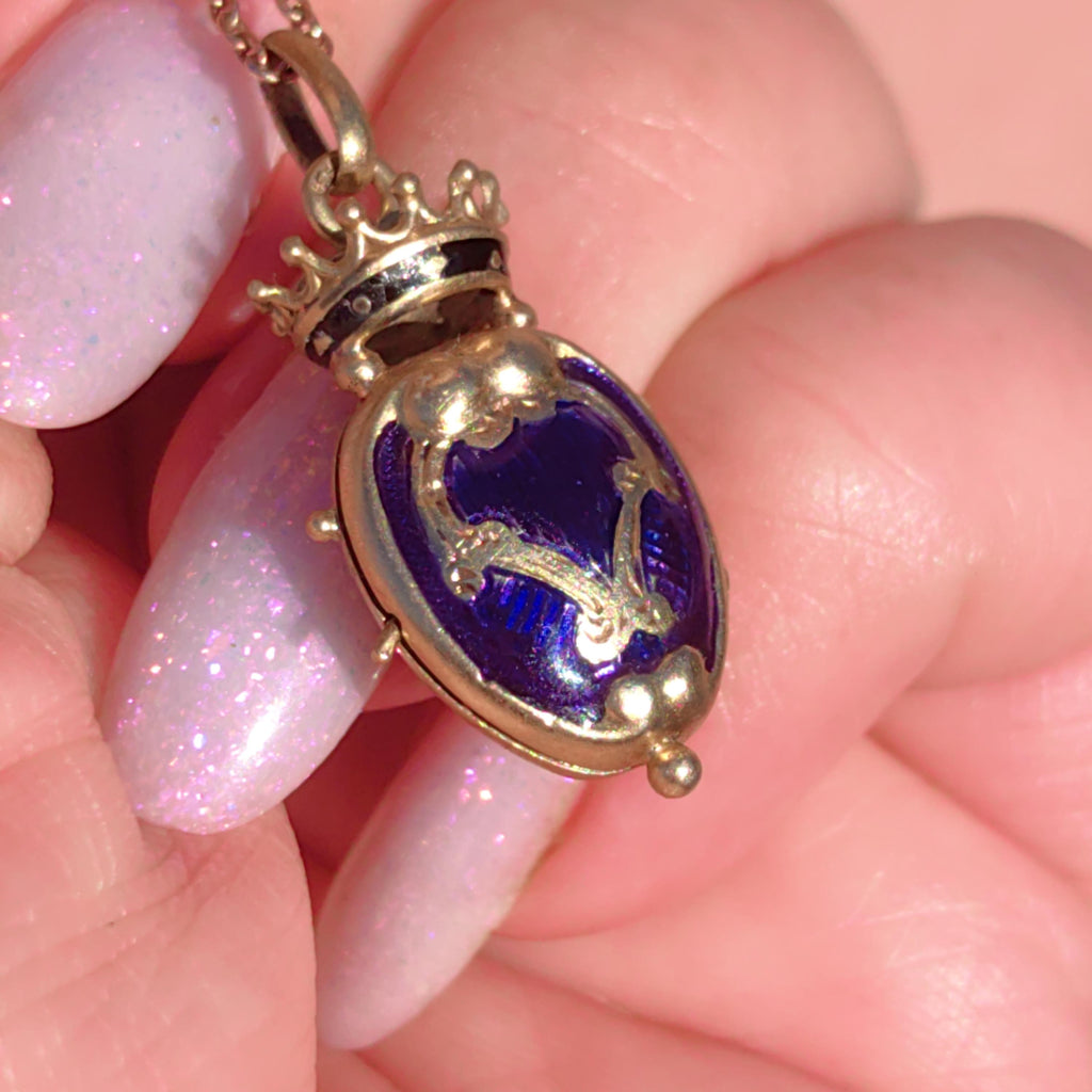 Victorian 18k Gold Blue Enamel Crown Locket Pendant: Hand Painted Antique
