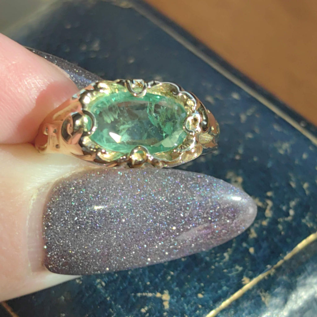 Victorian Natural Emerald  18k Solid Yellow Gold Hallmarked Antique  1880s Band Solitaire Statement Ring US Duty Free HTS 9706