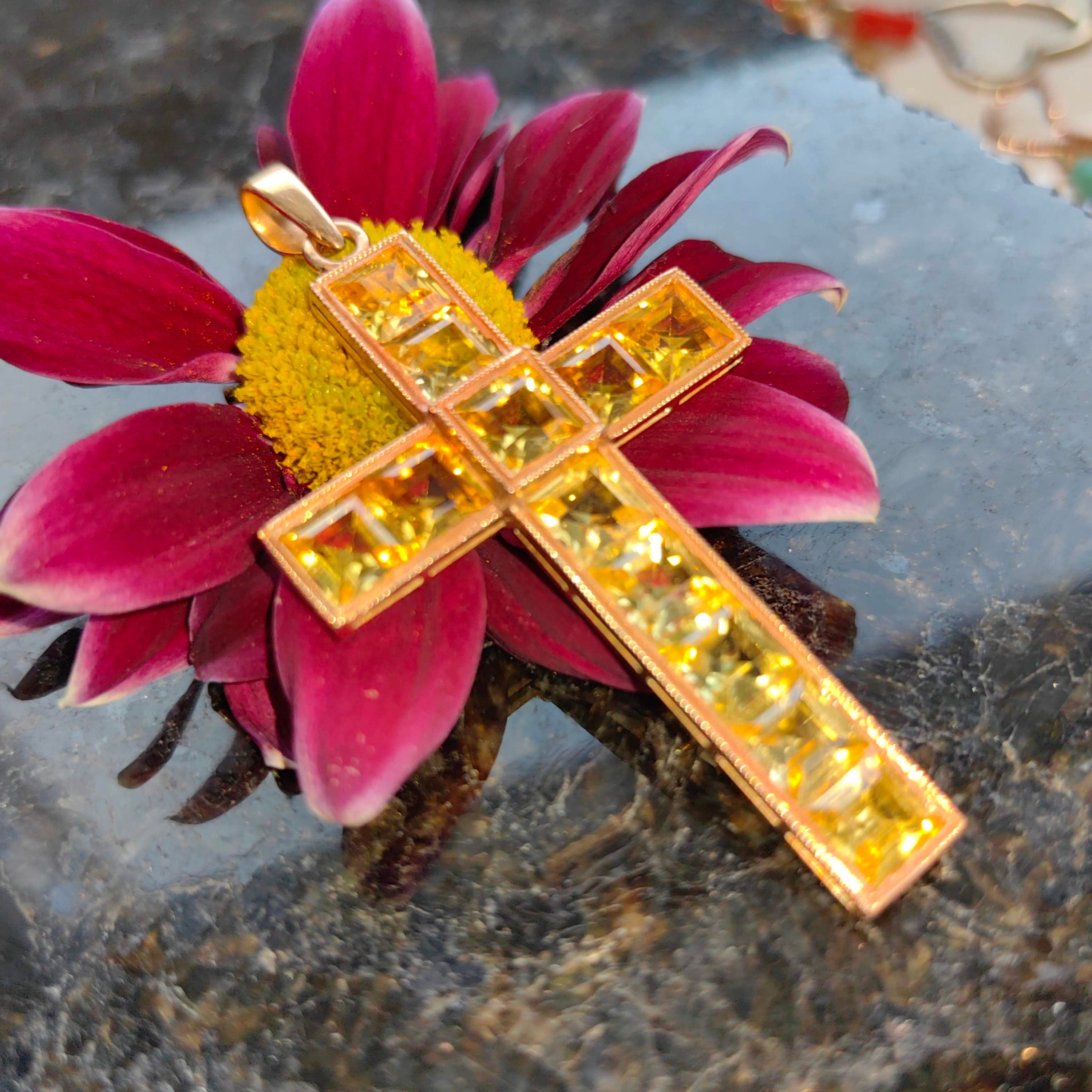 Art Deco Vintage Citrine Solid Yellow Gold Christian Catholic Cross Statement Pendant