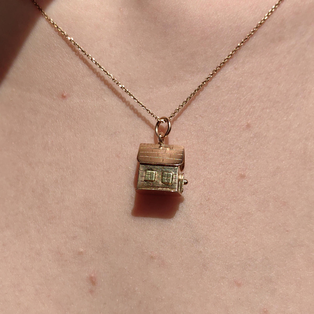 14k Solid Yellow Gold Miniature House Pendant Vintage Handmade Luck Home Charm Housewarming Gift Present