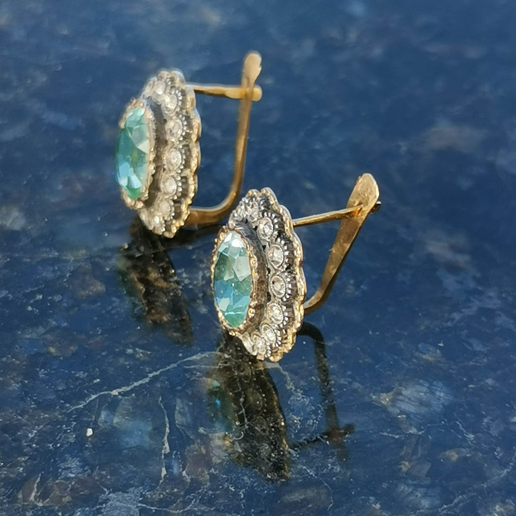 Vintage 1940s Aquamarine Diamond Earrings: 19.2k Gold & Silver Studs