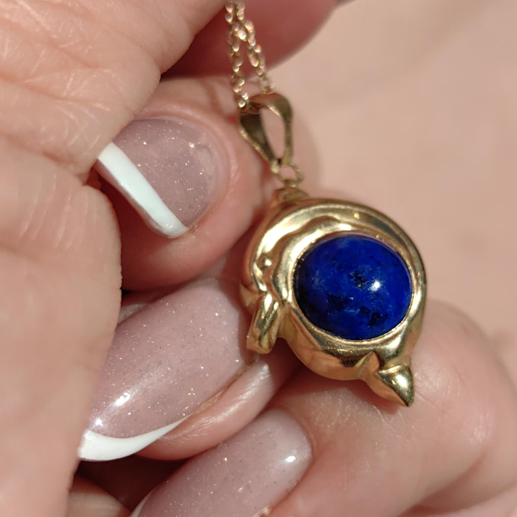 Lapis Lazuli Dolphin Pendant: 14k Yellow Gold Vintage Charm