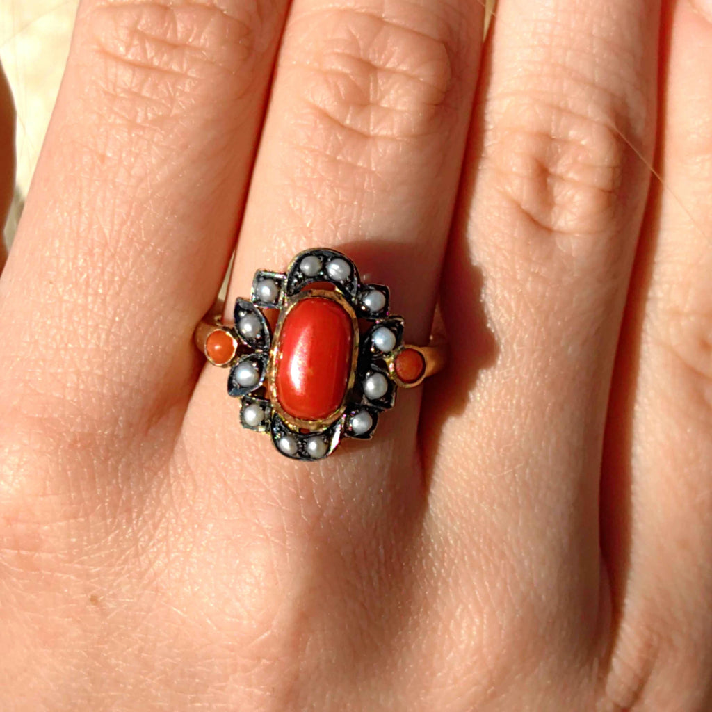 Art Deco 18k Solid Yellow Gold Bright Red Coral Gray Dainty Pearl Statement Ring Retro 1940s Geometric Ring Gift Present