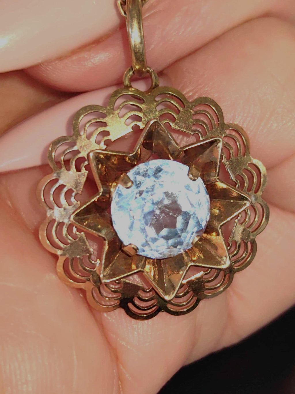 Vintage 14k Yellow Gold Star Pendant: Lab Aquamarine Art Deco