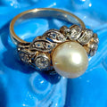 1920s Art Deco Pearl Diamond Ring: 14k Gold Wedding Engagement Ring