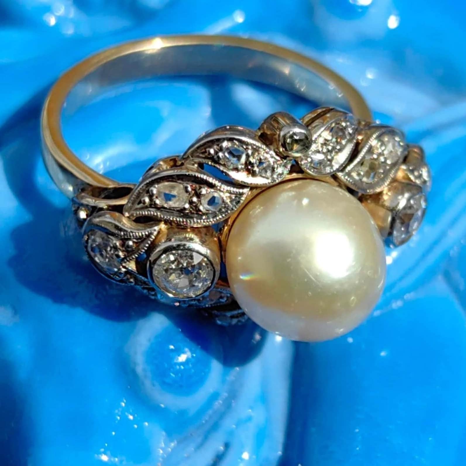 1920s Art Deco Pearl Diamond Ring: 14k Gold Wedding Engagement Ring
