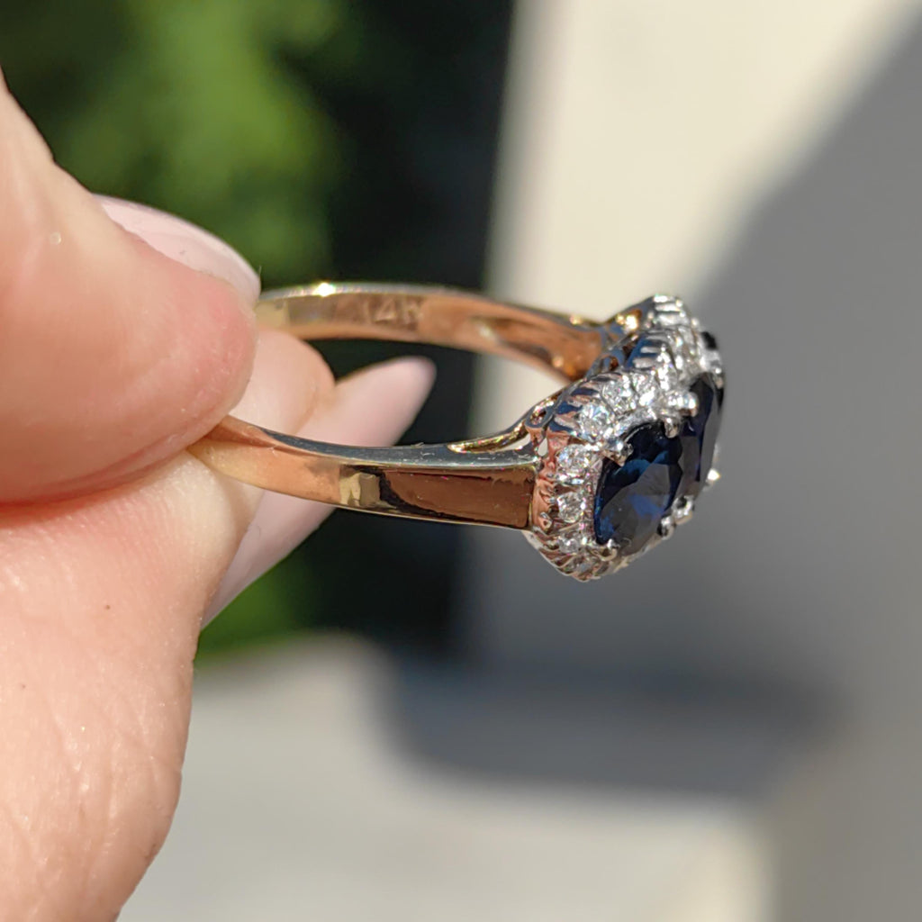 Victorian Style Sapphire Diamond Ring: 14k Yellow Gold, 1950s Vintage