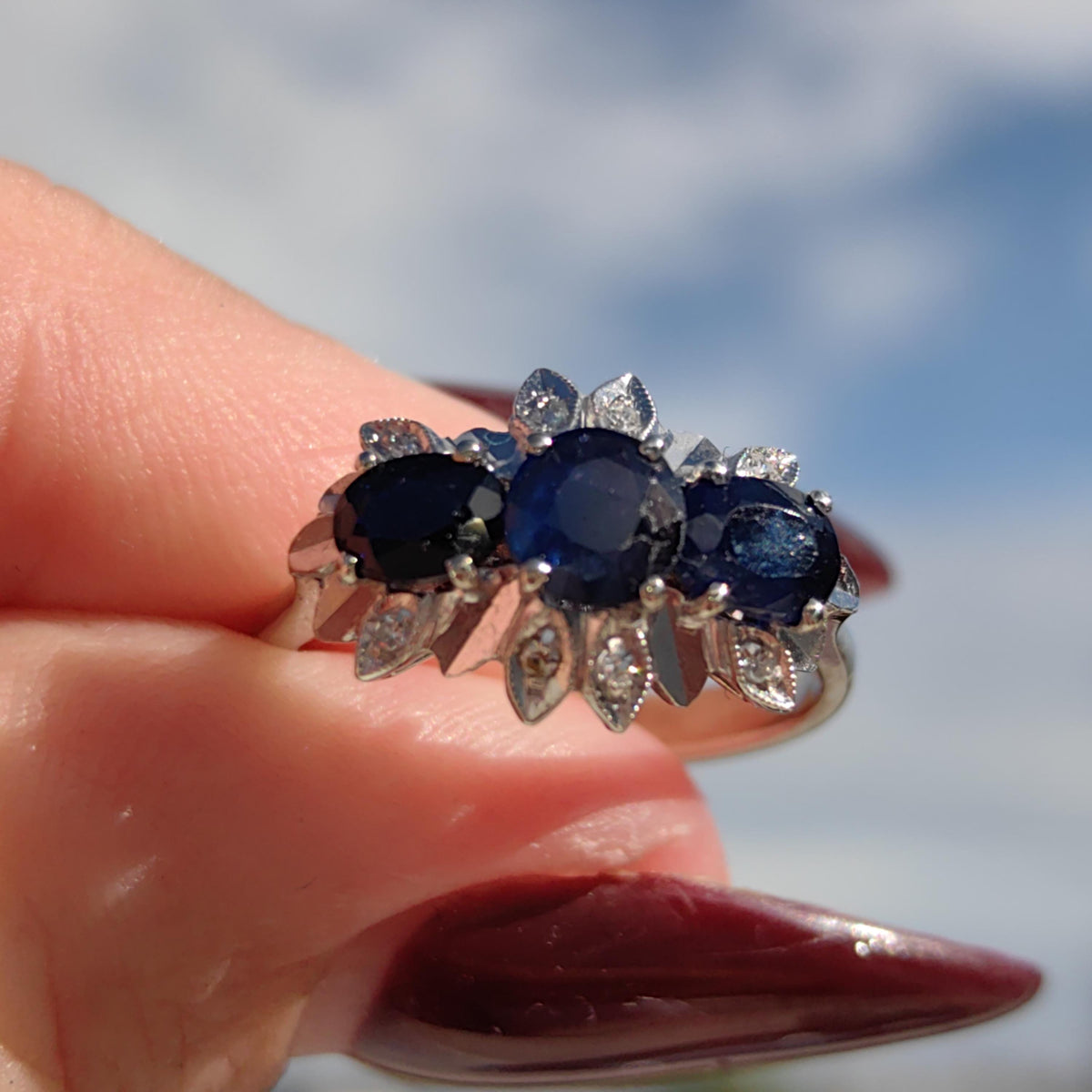 Natural Sapphire Diamond 18k 750 Hallmarked Solid White Gold Mid Century Engagement Ring, Vintage Antique Elegant Ring Gift for Her