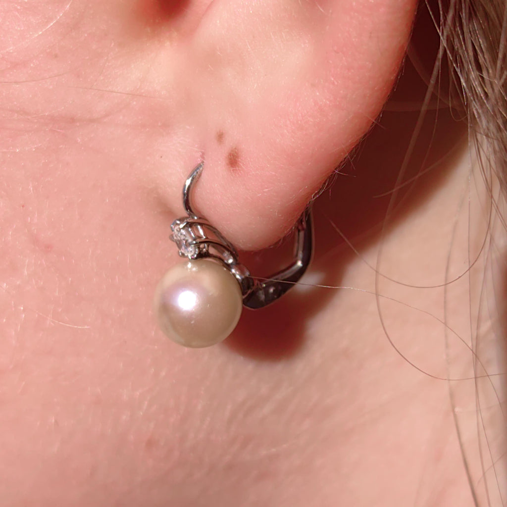 Diamond  Pearl 18k Solid White Gold Mid Century 1950s Antique Vintage Sleepers Lever Back Closure Elegant Earrings Gift for her