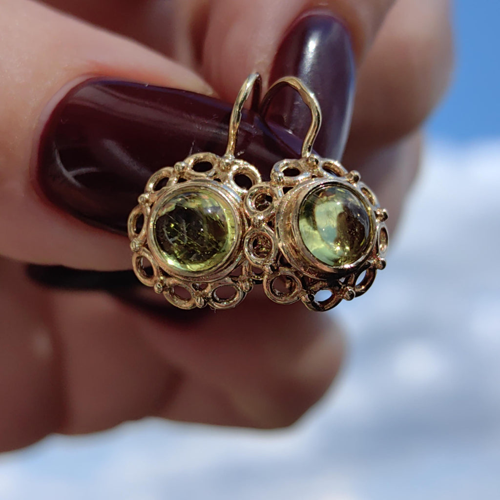Green 14k Solid Yellow Rose Gold Green Yellow Tourmaline Antique Vintage Floral Flower Elegant Dainty Earrings Vintage 1940s Dormouse Gift