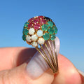 14k Gold Multi-Stone Bombe Ring: Emerald, Ruby, Opal, Sapphire Floral Design