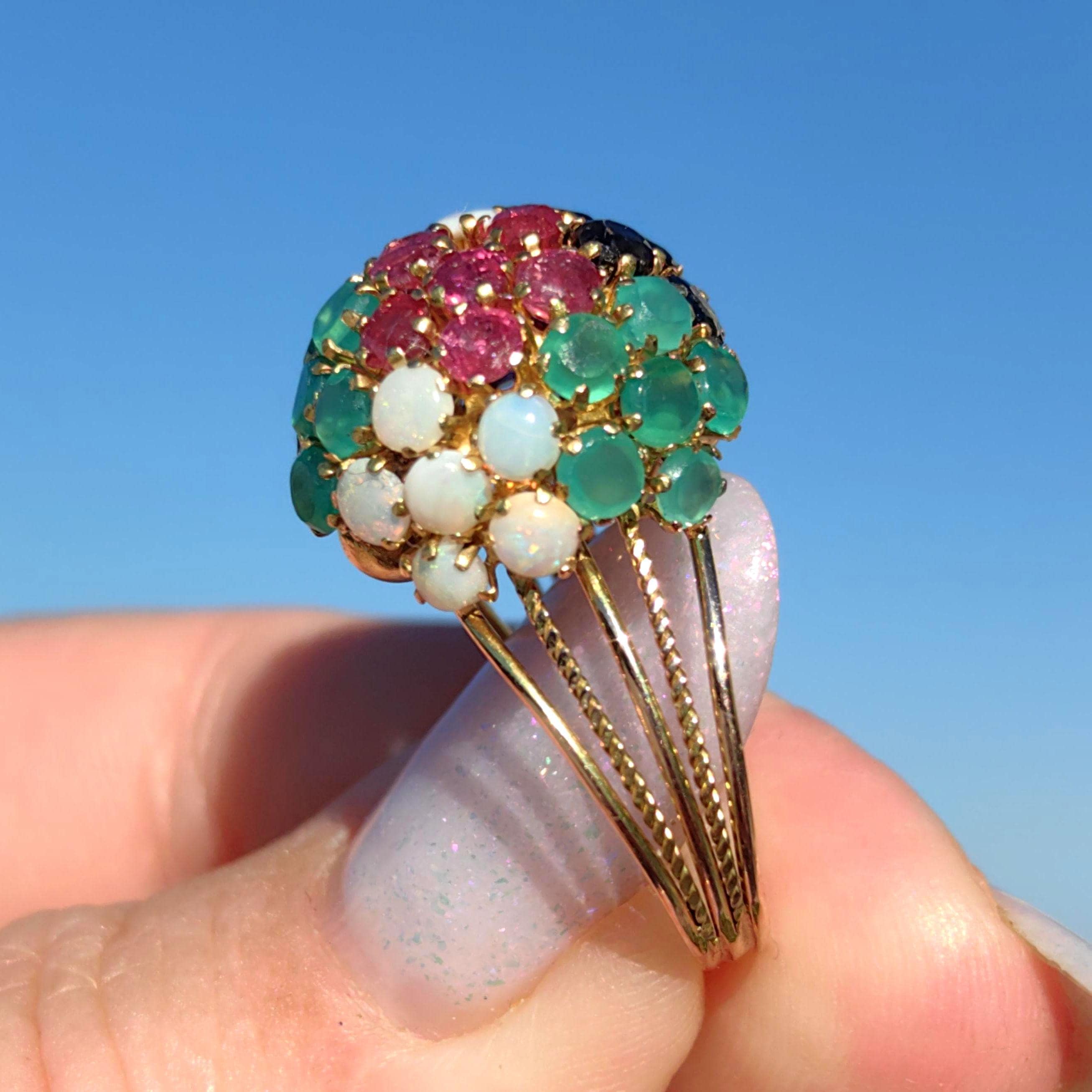 14k Gold Multi-Stone Bombe Ring: Emerald, Ruby, Opal, Sapphire Floral Design