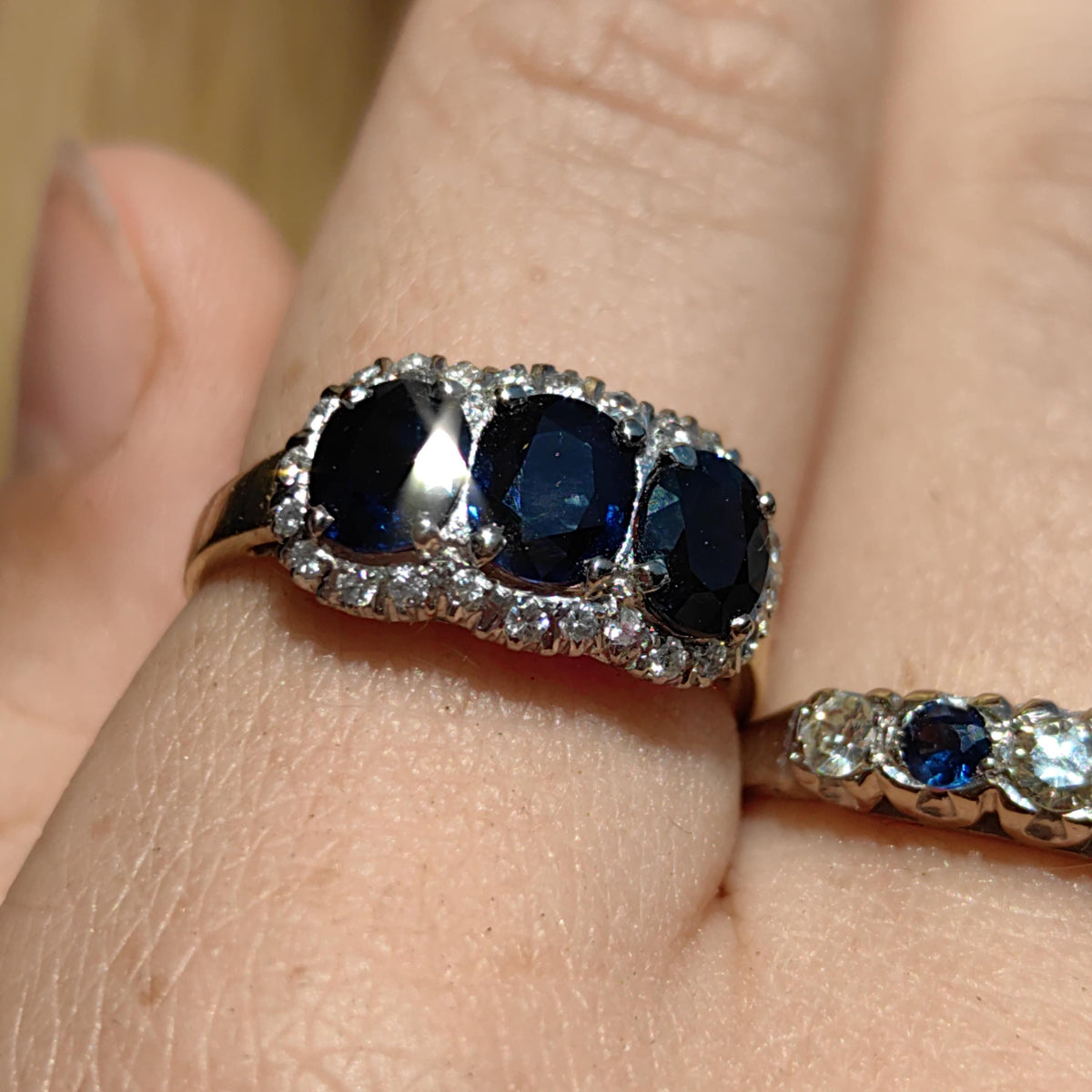 Victorian Style Sapphire Diamond Ring: 14k Yellow Gold, 1950s Vintage