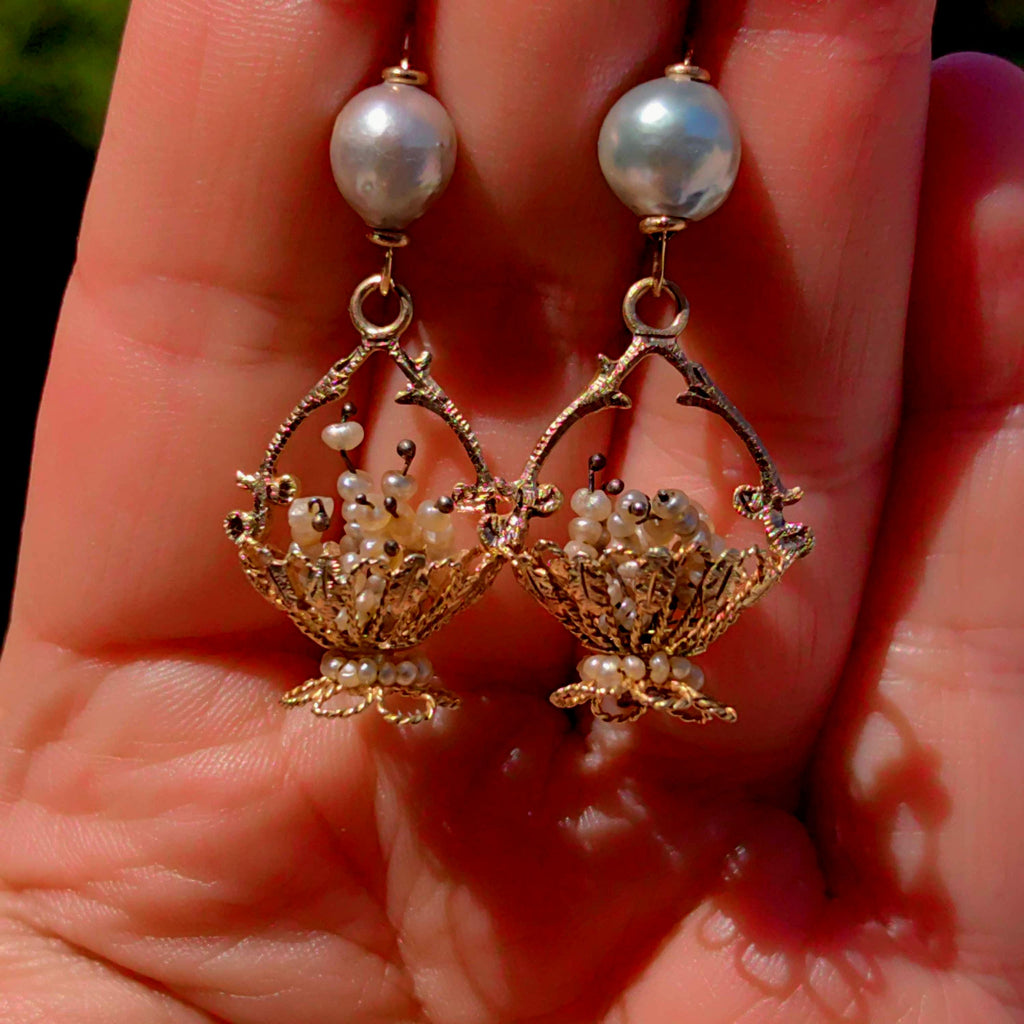 Antique 14k Gold Pearl Chandelier Earrings: 1800s Baroque Floral Dangle