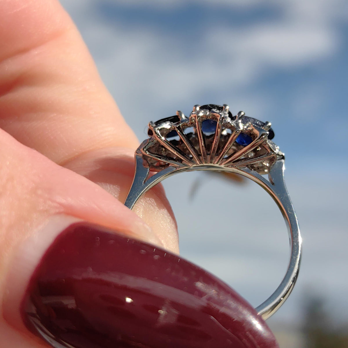 Natural Sapphire Diamond 18k 750 Hallmarked Solid White Gold Mid Century Engagement Ring, Vintage Antique Elegant Ring Gift for Her