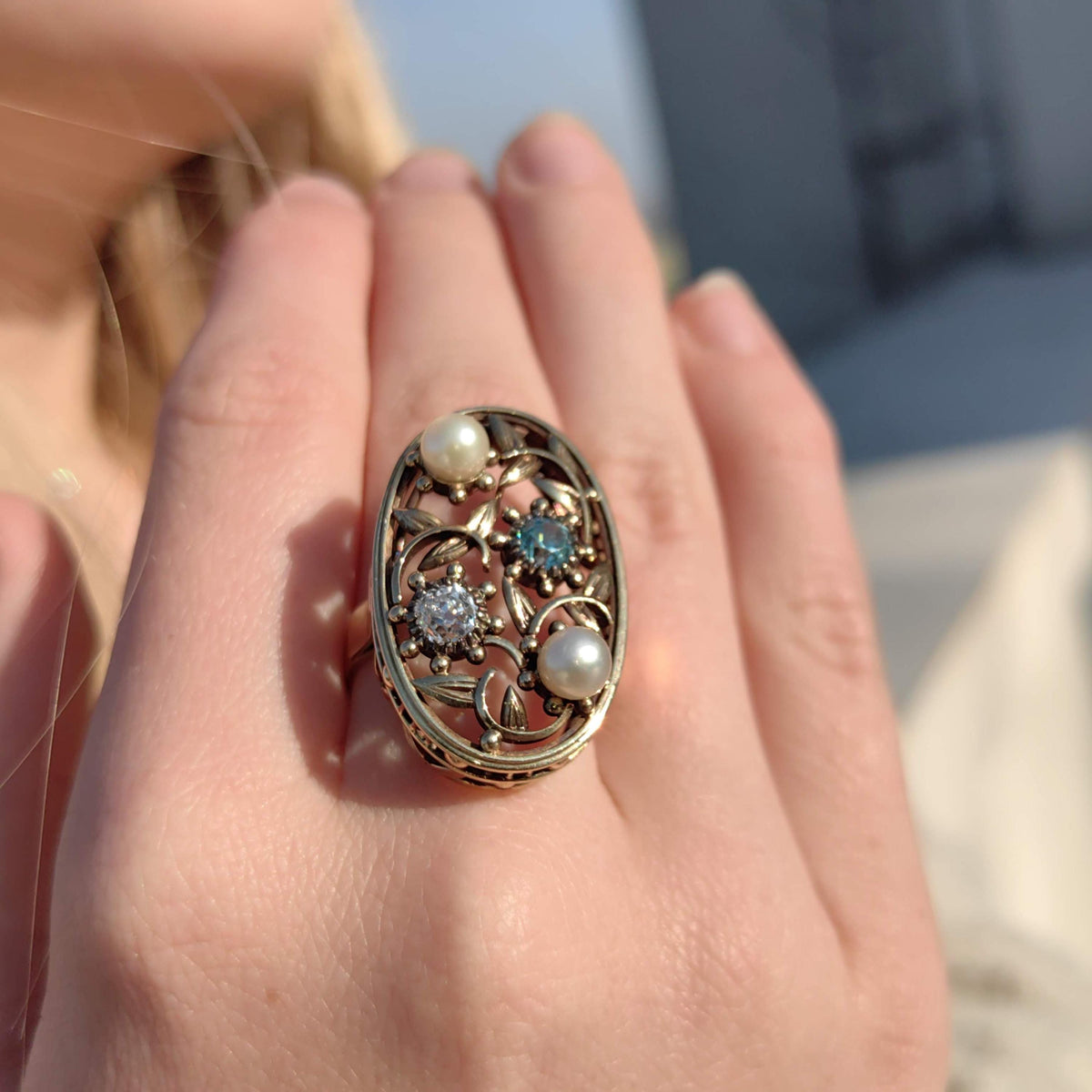 Antique 14k Solid Yellow Rose Gold Art Nouveau 1900s Elegant Ring Diamond, Pearl & Blue Zirconia Floral Handmade Statement Ring