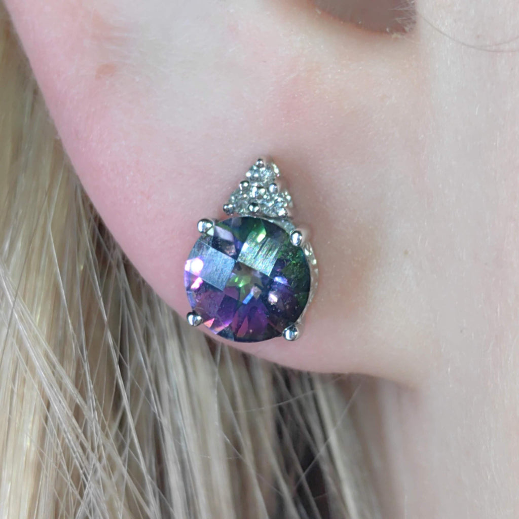 Mystic Topaz Diamond White Gold 14k Solid Gold Stud Cluster Antique Vintage Earrings