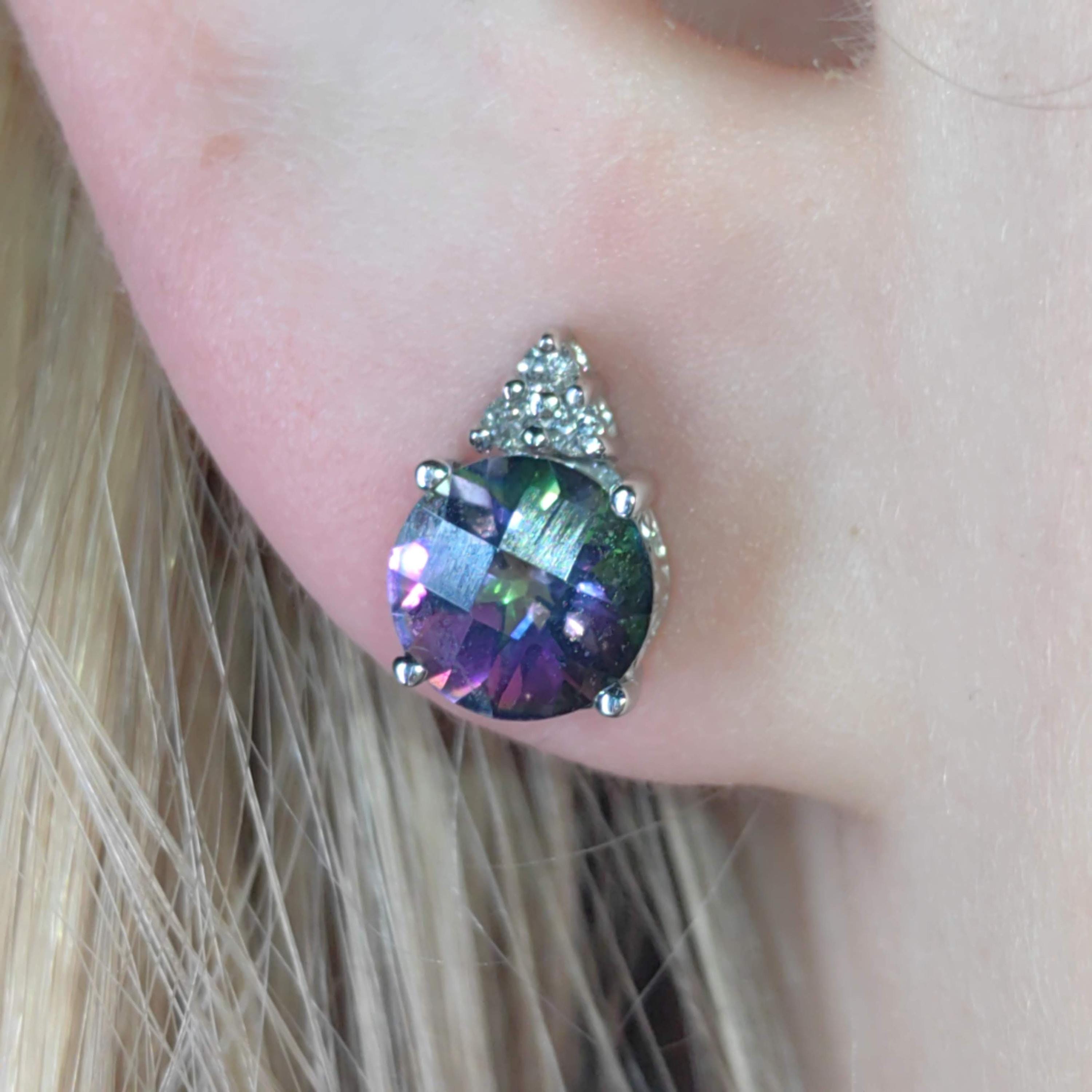 Mystic Topaz Diamond White Gold 14k Solid Gold Stud Cluster Antique Vintage Earrings
