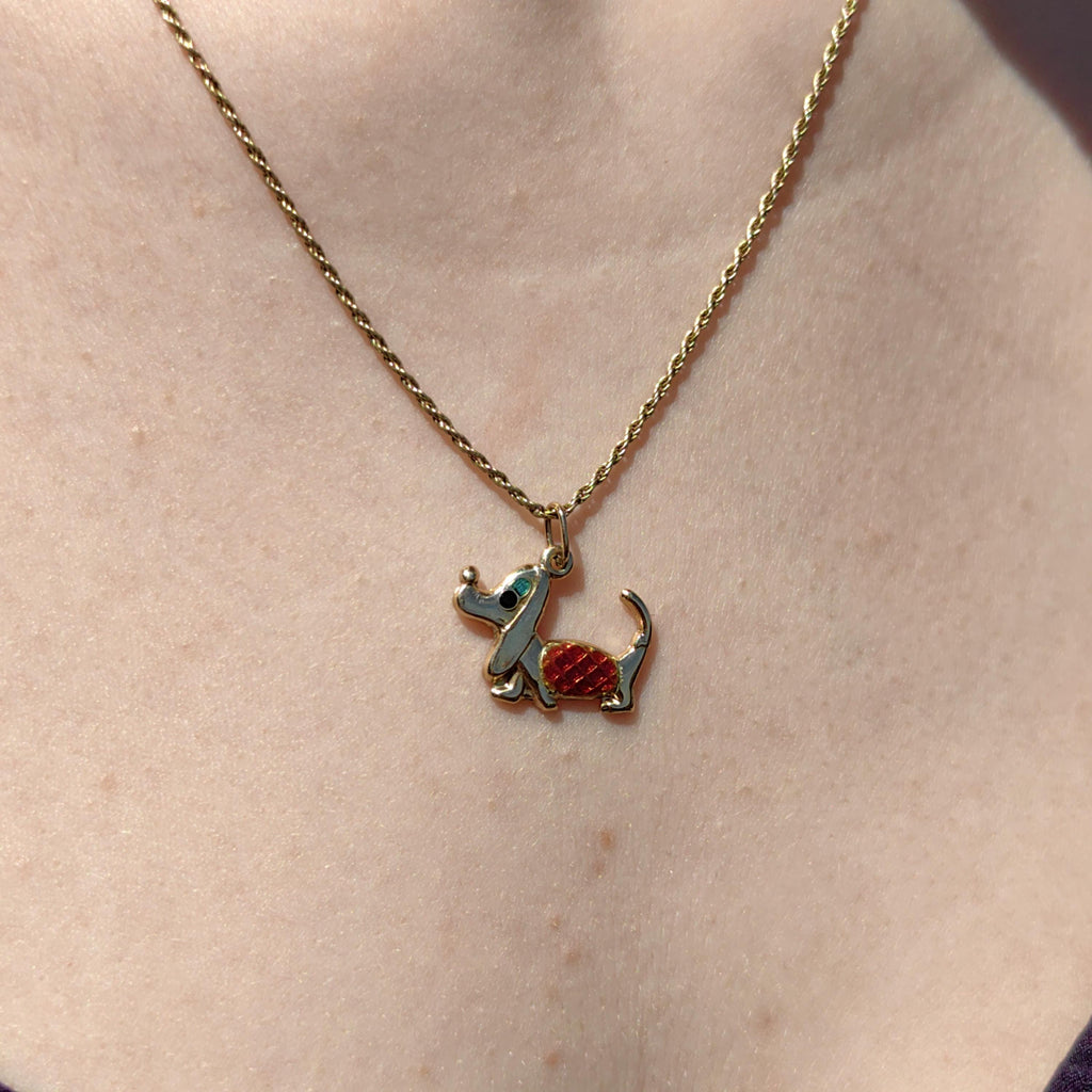 Vintage 14k Solid Yellow Gold Dachshund Dainty Elegant Pendant Hand Painted Fire Enamel Dog Bracelet Charm 1960s Style Necklace Pendant Gift