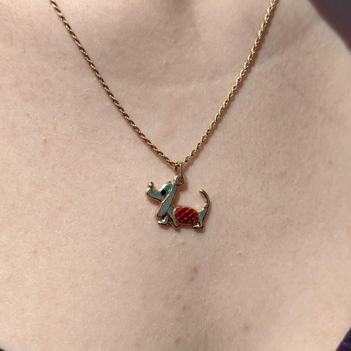Vintage 14k Solid Yellow Gold Dachshund Dainty Elegant Pendant Hand Painted Fire Enamel Dog Bracelet Charm 1960s Style Necklace Pendant Gift