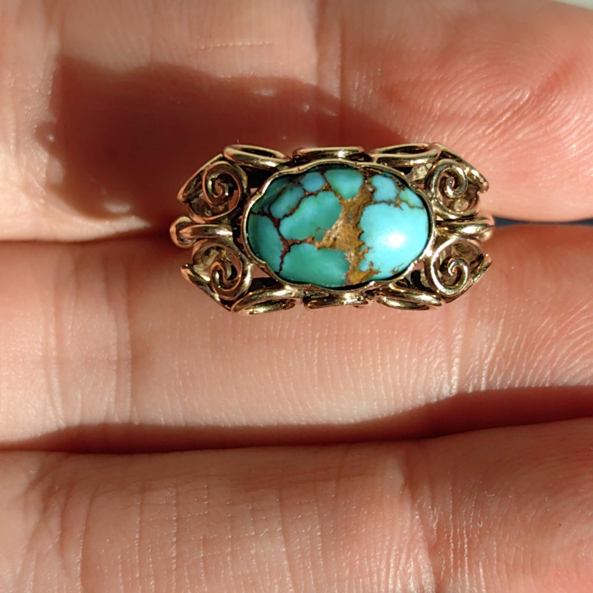 Art Deco Natural Blue Turquoise Ring, 14k Yellow Gold Antique Statement Ring, 1930s Cabochon Gemstone Vintage Jewelry Gift