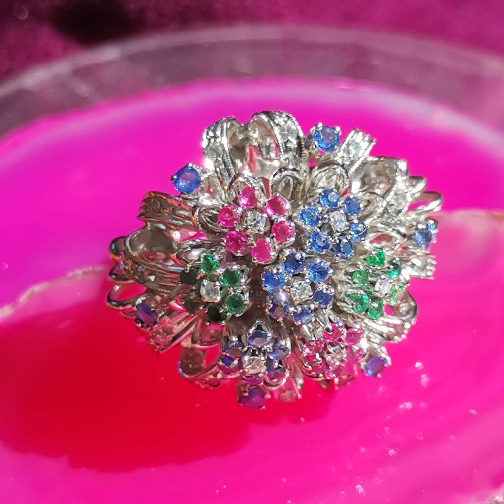Emerald Diamond Ruby and Sapphire Solid Gold Tutti-Frutti Floral Design Colorful Ring
