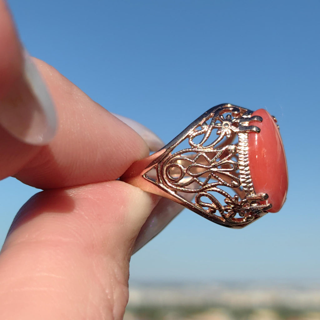 Mediterranean Red Coral Ring: 14k Champagne Gold, Mid-Century Cabochon