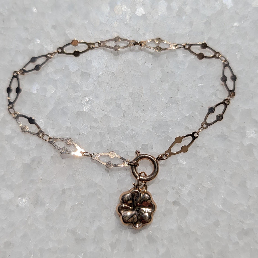 Art Nouveau Link Bracelet 14k Yellow Rose Gold Antique 1900s Four Leaf Clover Charm Bracelet Dainty Lucky Jewelry Gift HTS 9706 US duty free