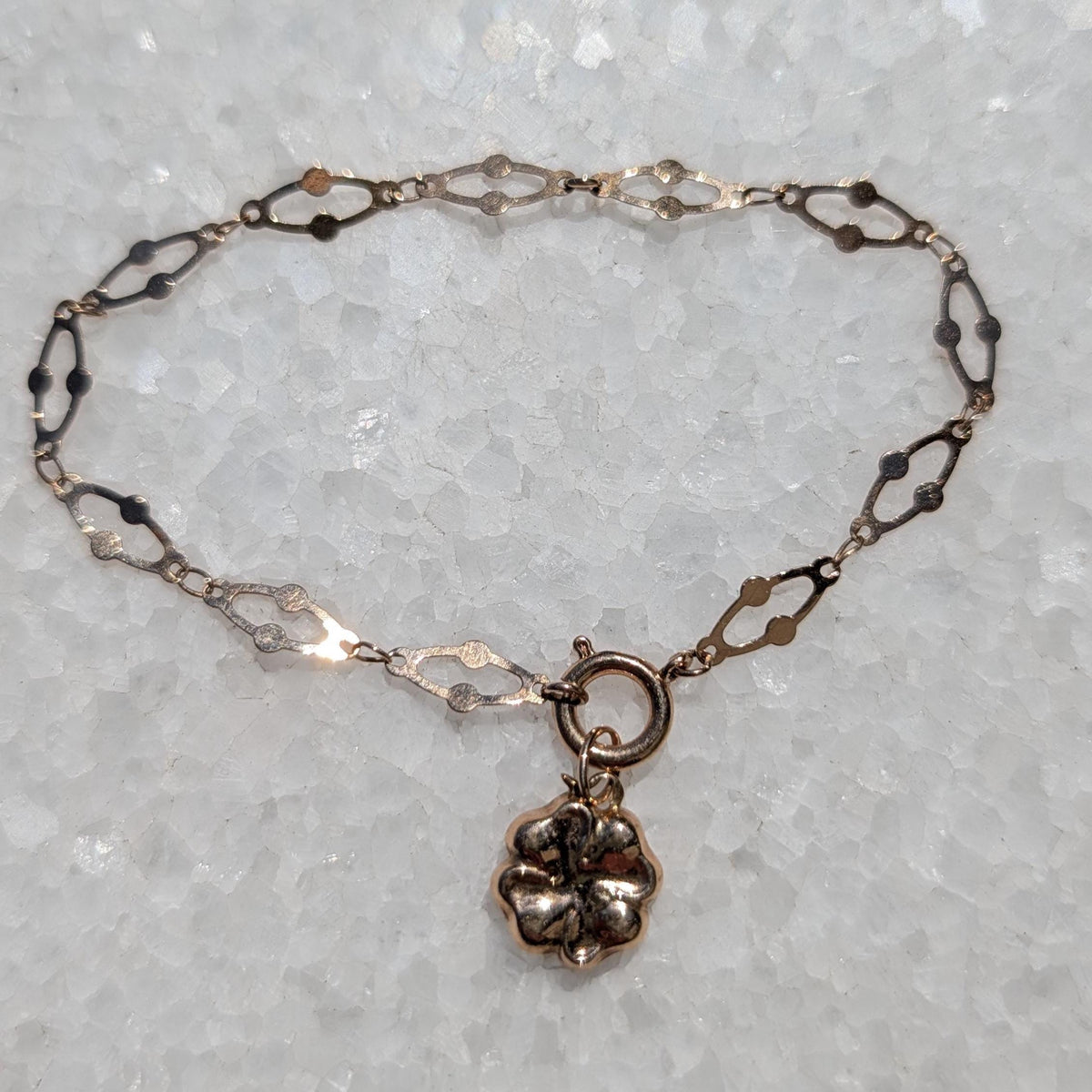 Art Nouveau Link Bracelet 14k Yellow Rose Gold Antique 1900s Four Leaf Clover Charm Bracelet Dainty Lucky Jewelry Gift HTS 9706 US duty free