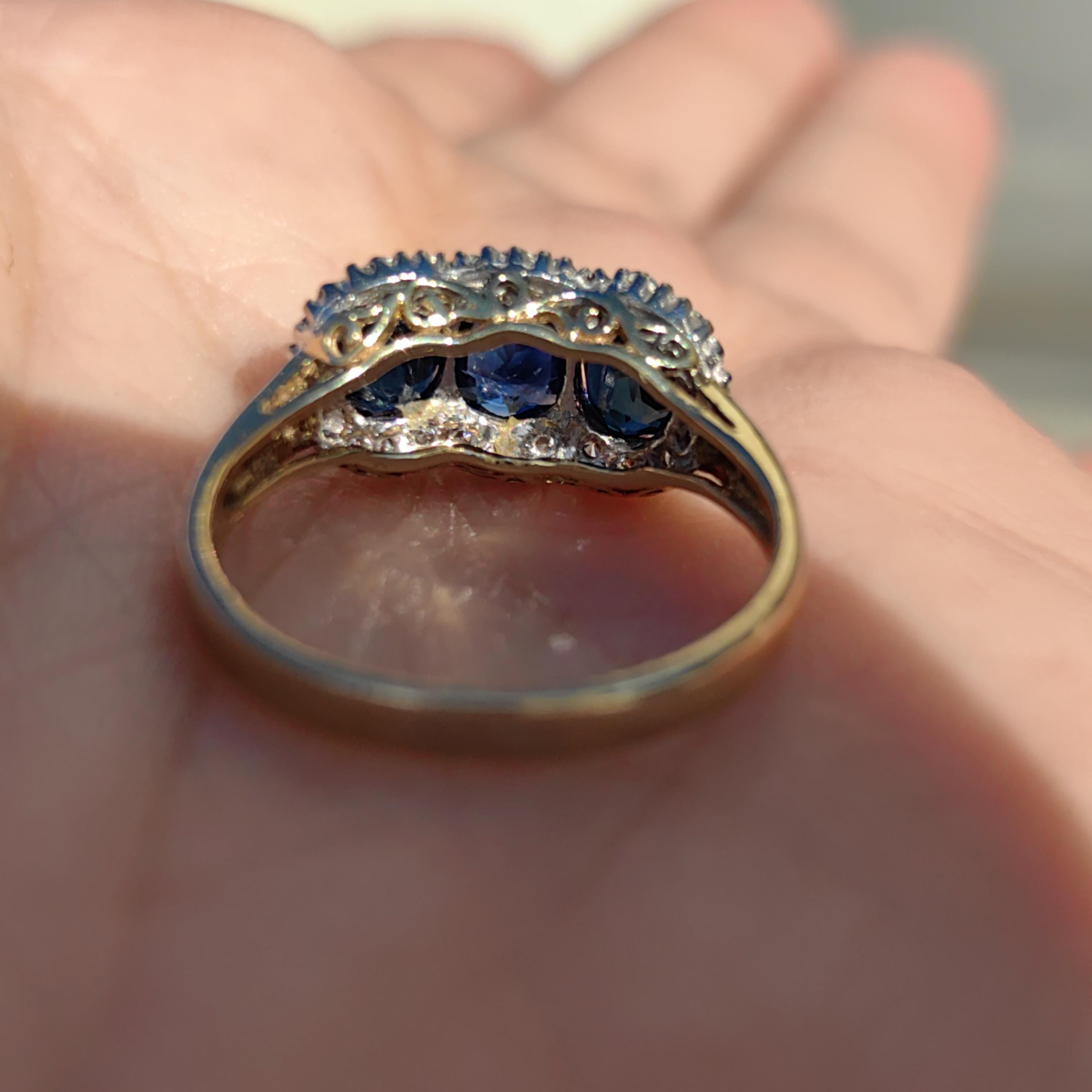 Victorian Style Sapphire Diamond Ring: 14k Yellow Gold, 1950s Vintage