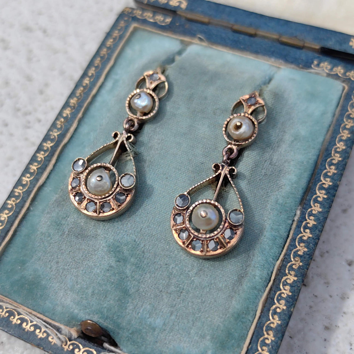 Antique 18k Gold Pearl Rose Cut Diamond Earrings: Victorian Dangle Drop