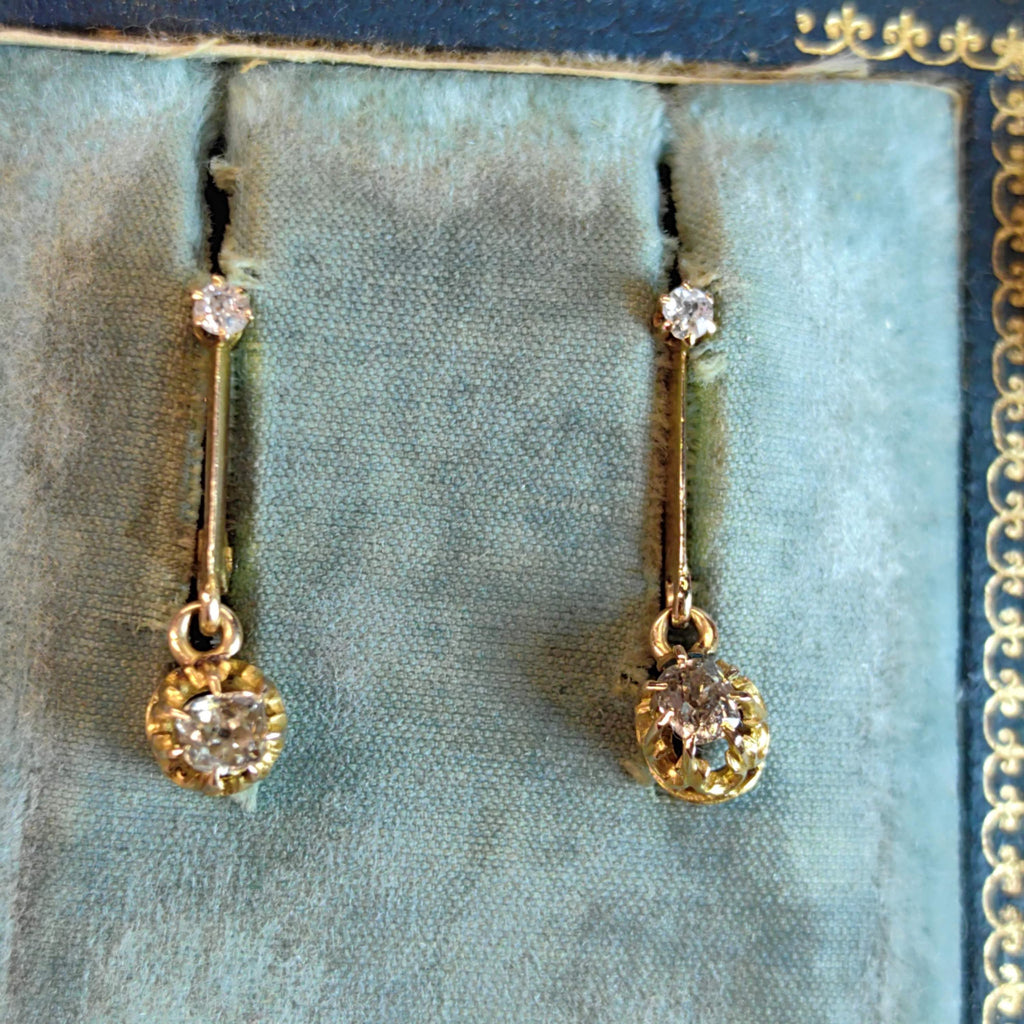 Original 1920s Art Deco Solitaire Dangle 0.30 ct. Bezel setting Diamonds Solid Hallmarked 18k Gold Antique Sleepers Dormouse Earrings