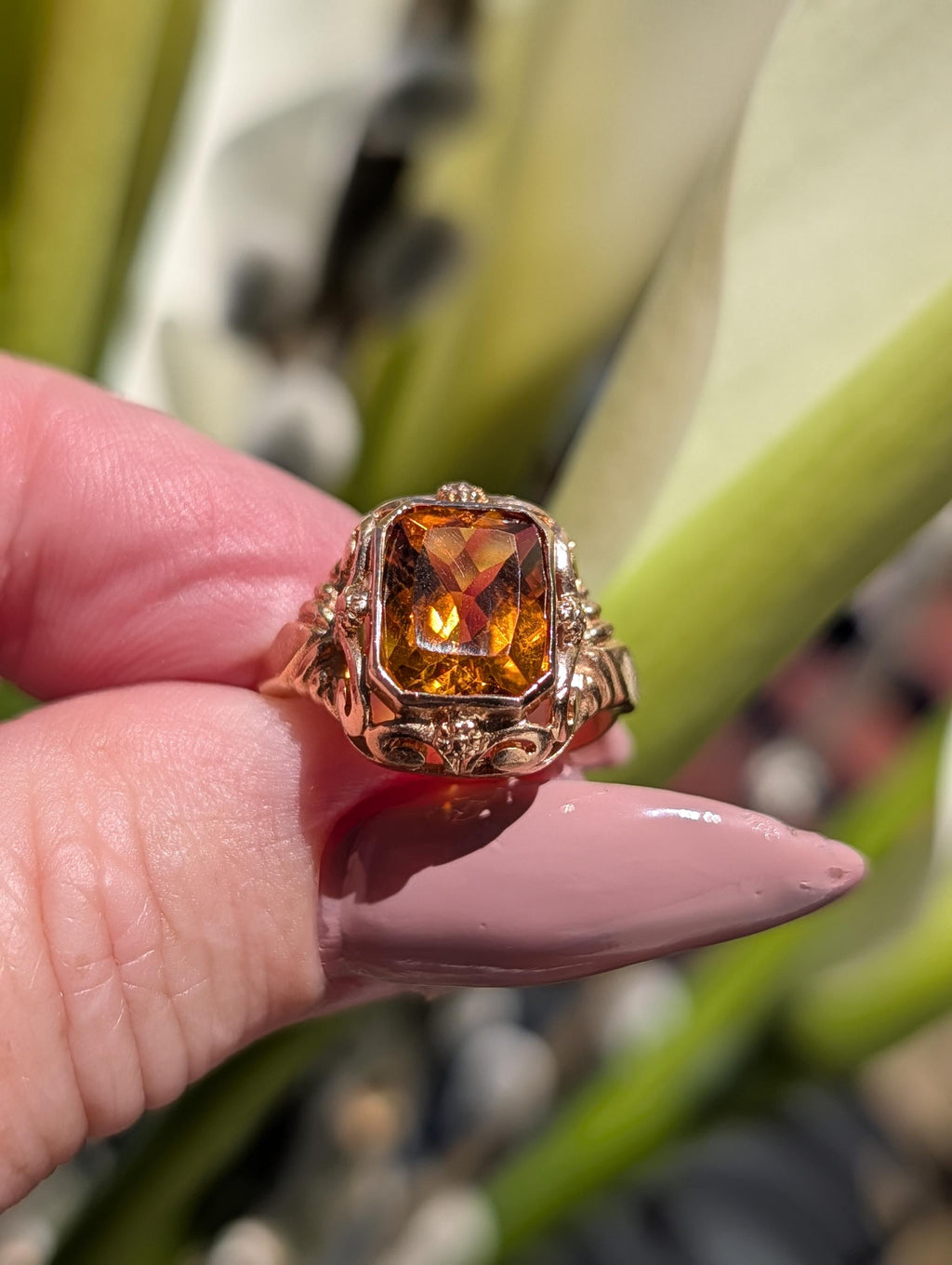 Mid Century Art Deco Style  Citrine Solid 14k Hallmarked Yellow Gold Statement Solitaire Emerald Cut Ring, Unisex Yellow Stone Ring Gift