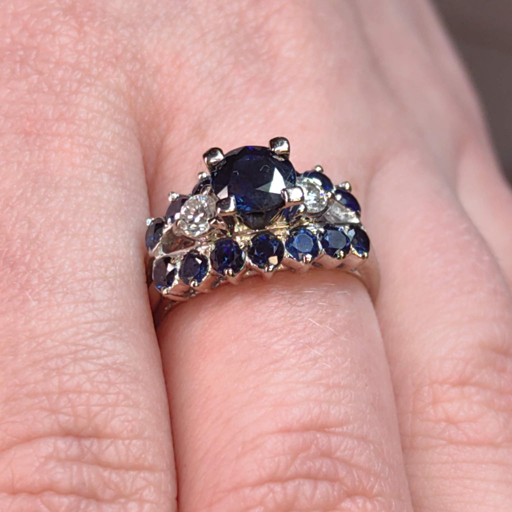 Vintage Mid-Century 18k White Gold Sapphire Diamond Ring