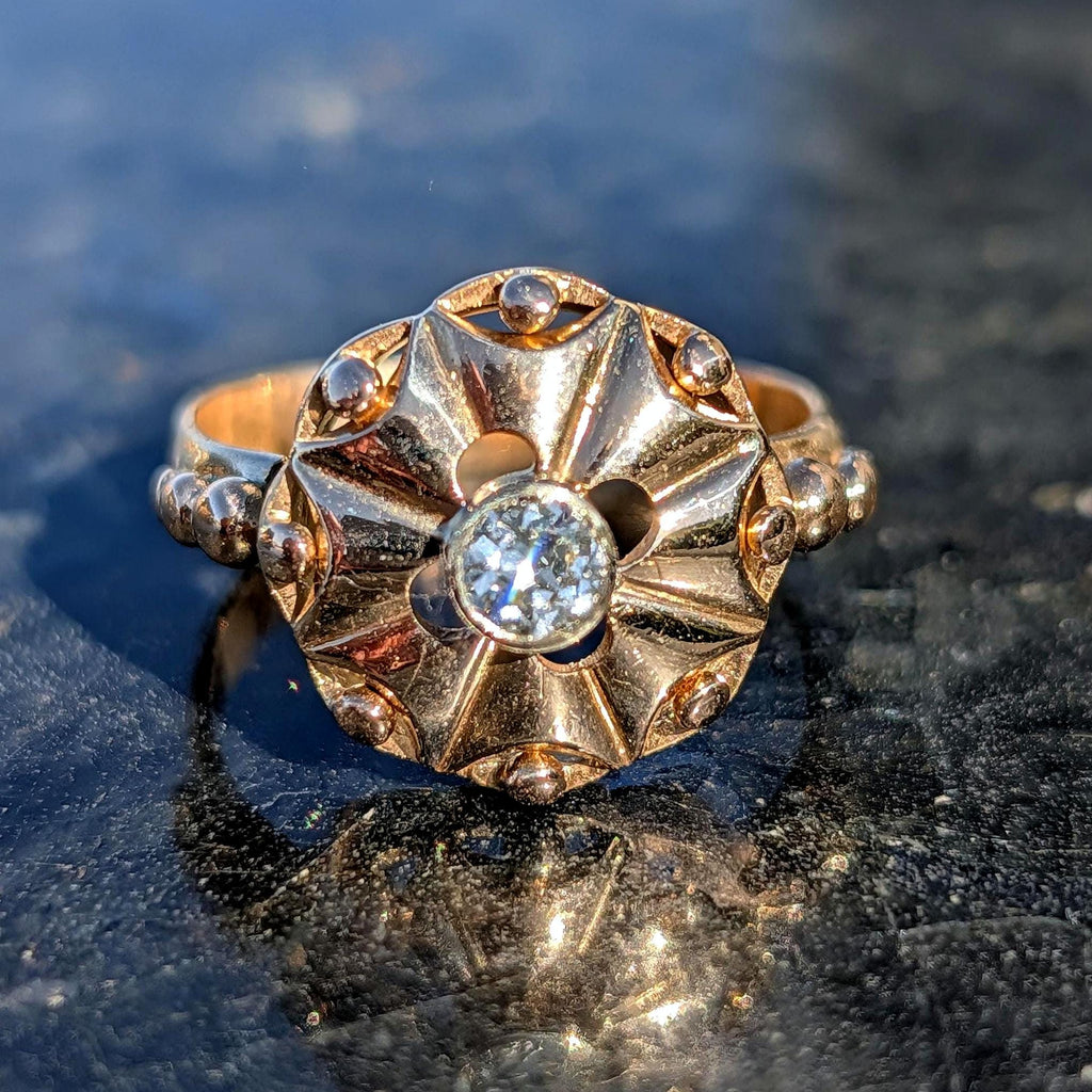 1920s Art Deco Diamond Ring 14k Yellow Gold, Old European Cut Diamond Statement Ring, Antique Floral Ring US 8.75