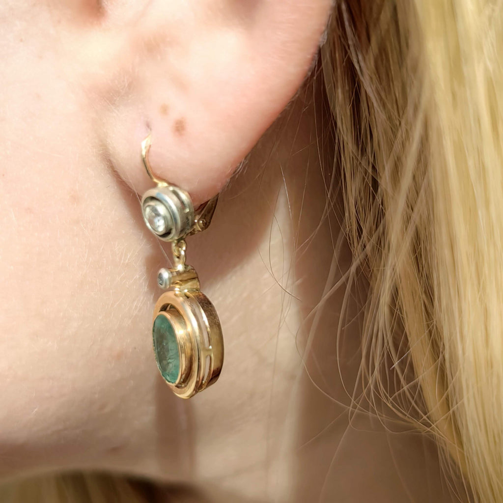 1920s Antique Emerald Diamond Dangle Drop Earrings, 14k Yellow Gold Heirloom Jewelry