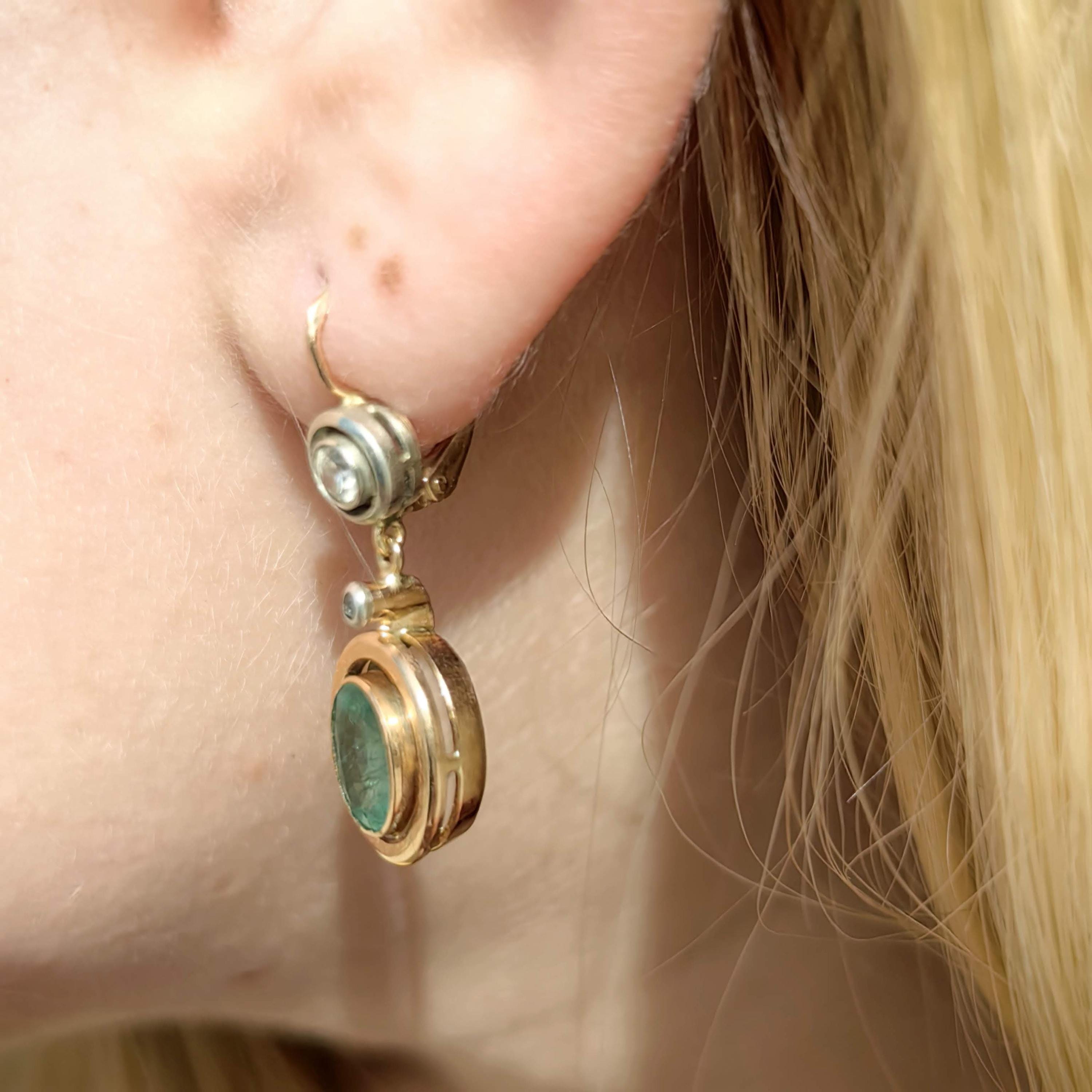 1920s Antique Emerald Diamond Dangle Drop Earrings, 14k Yellow Gold Heirloom Jewelry