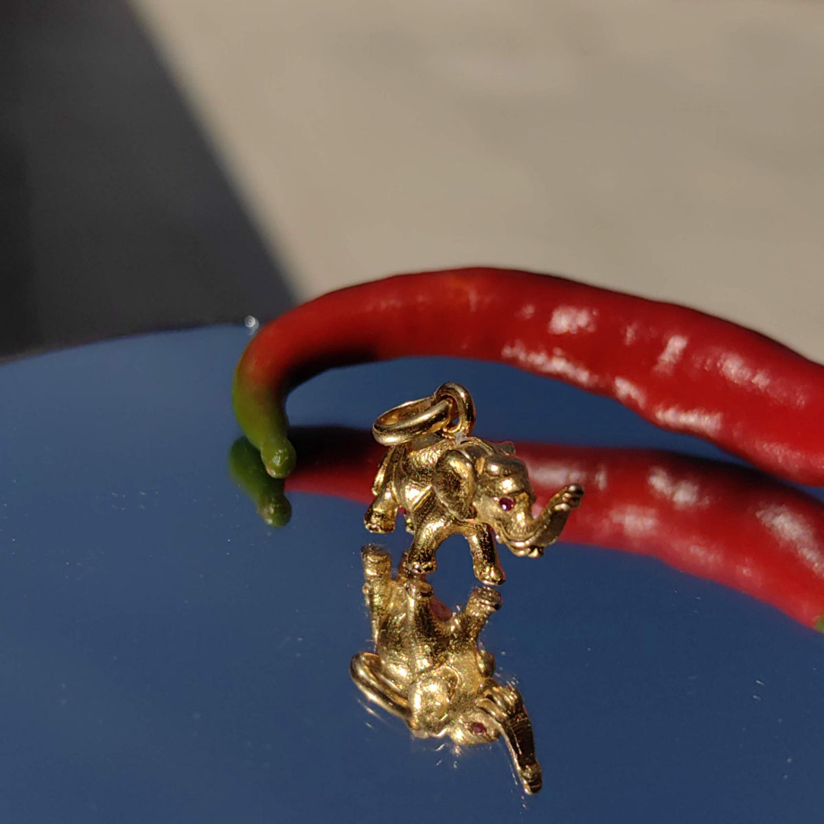 Vintage 18K Gold Elephant Charm: Genuine Ruby Pendant