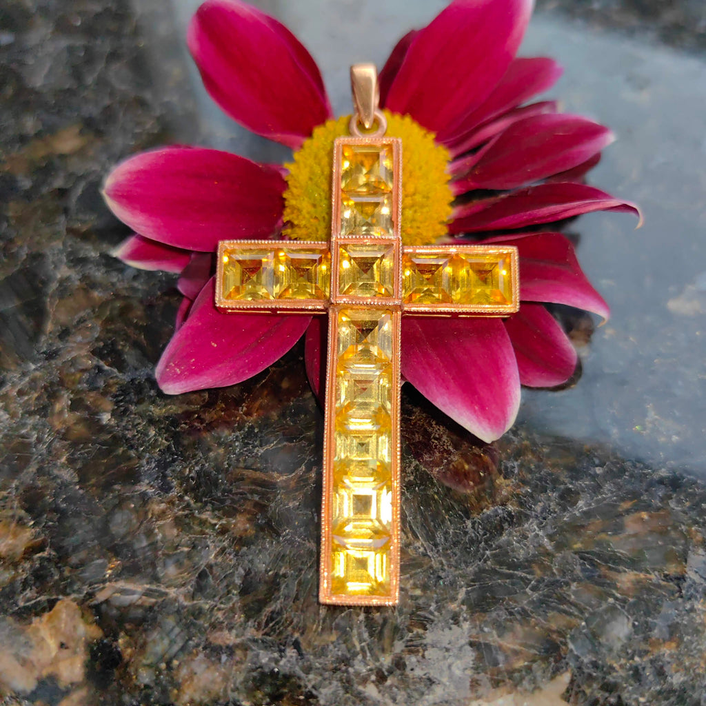 Art Deco Vintage Citrine Solid Yellow Gold Christian Catholic Cross Statement Pendant