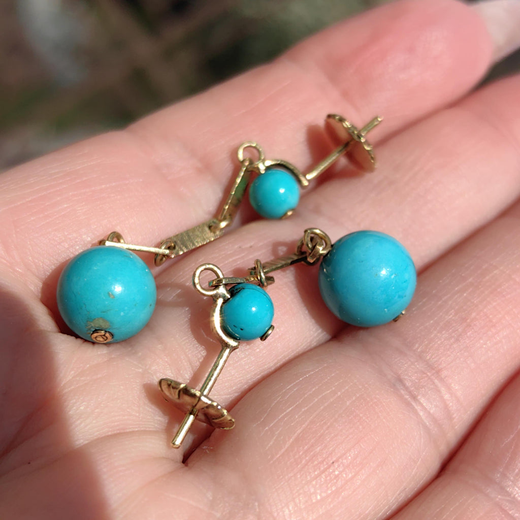 Vintage 1950s Turquoise 18K Gold Dangle Earrings