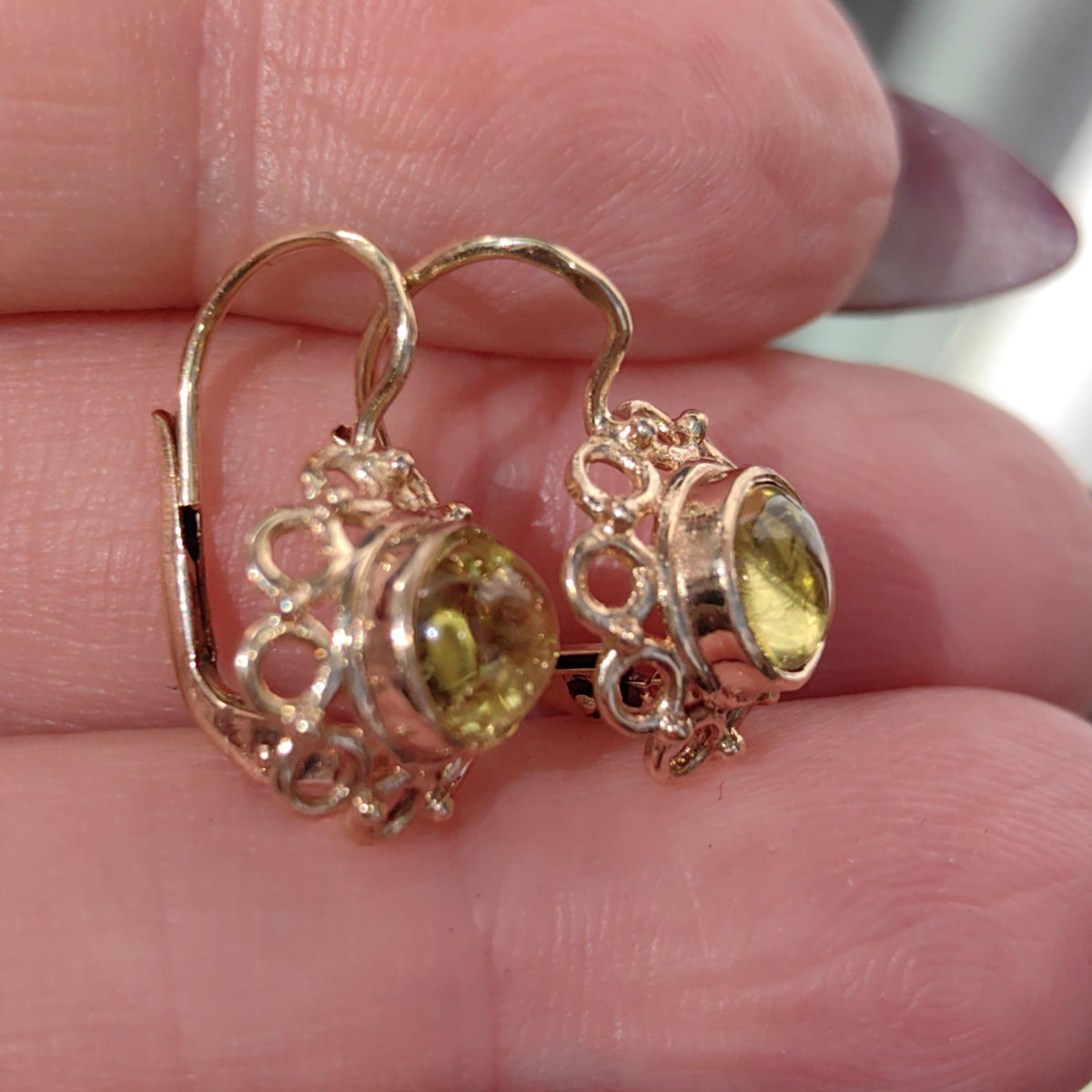 Green 14k Solid Yellow Rose Gold Green Yellow Tourmaline Antique Vintage Floral Flower Elegant Dainty Earrings Vintage 1940s Dormouse Gift