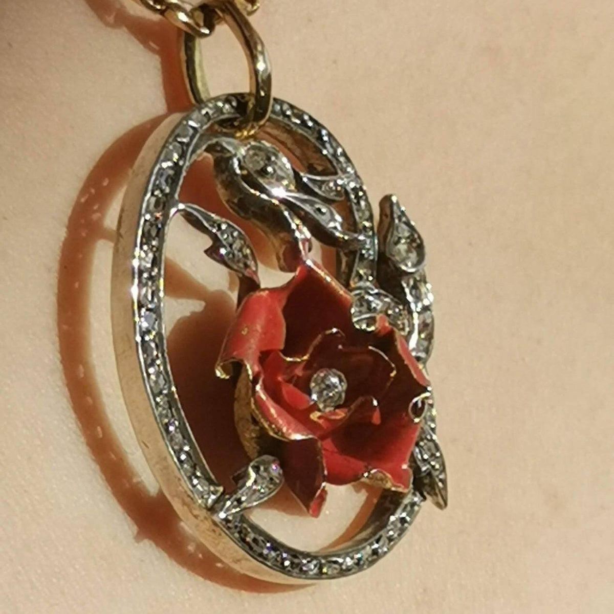 Antique Gold Poppy Flower Pendant Rose Cut Diamonds Red Hand Painted Enamel Art Nouveau Floral Vintage Charm