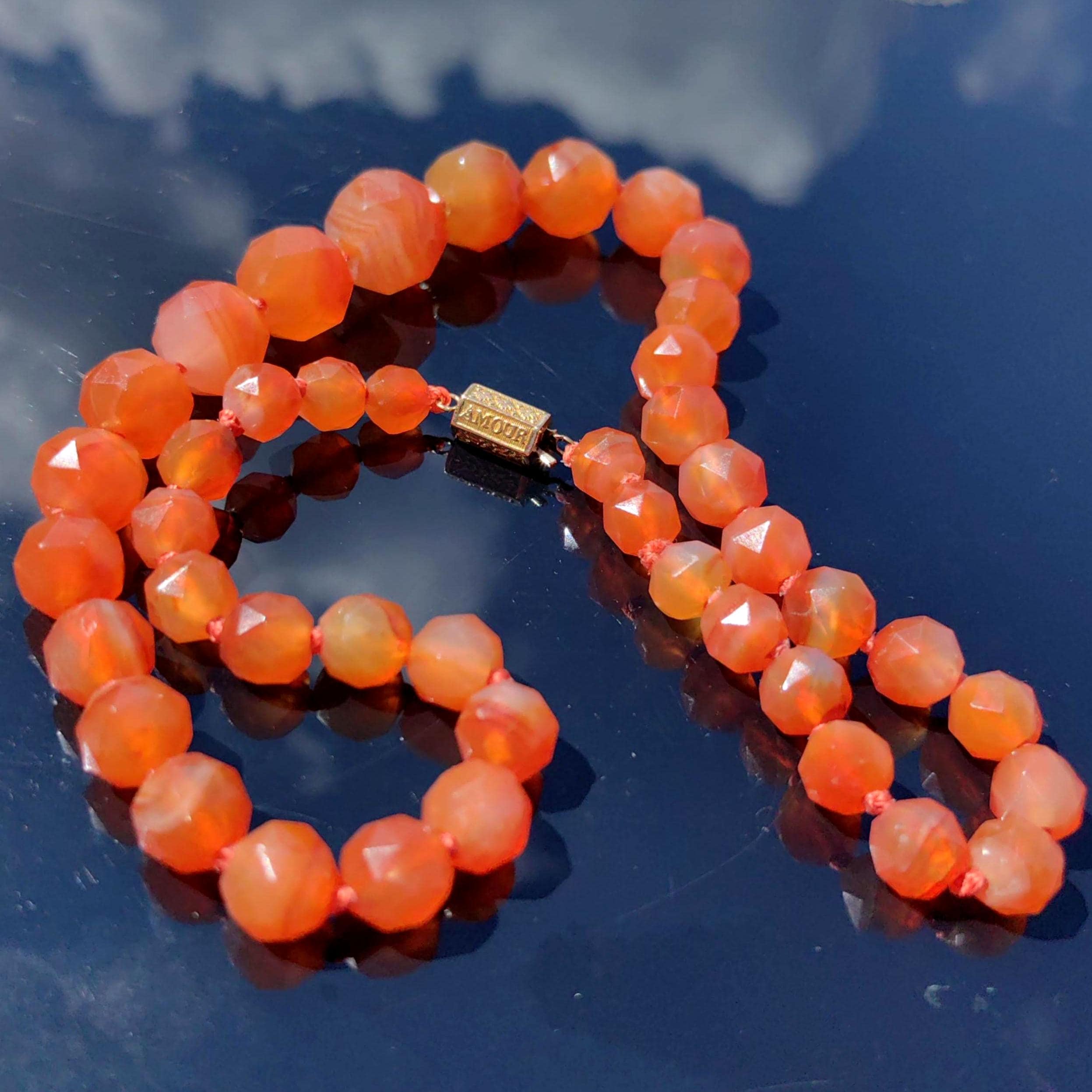 Antique Orange Agate Beaded Necklace: 14k Gold Amour Love Lock