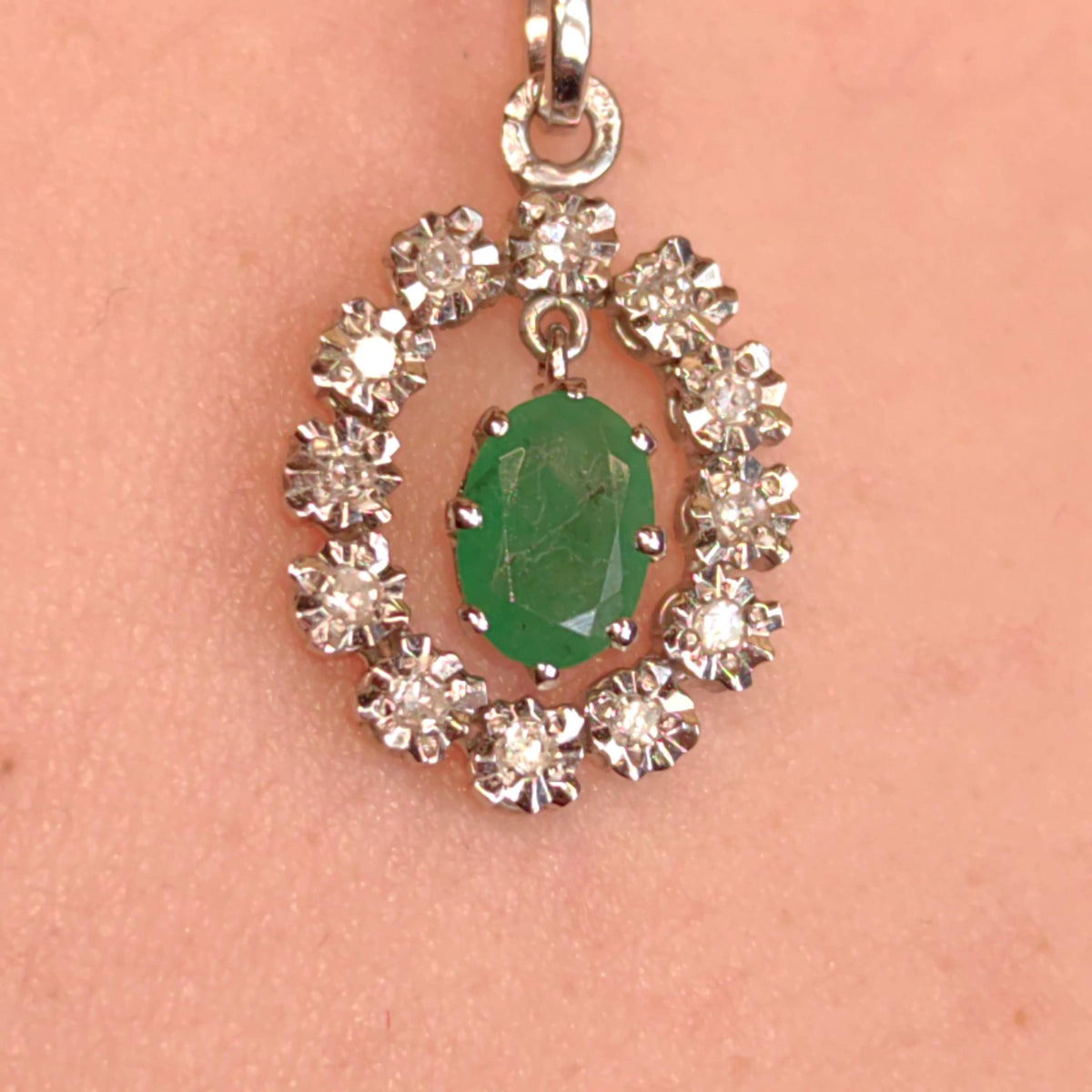 Natural Emerald and Diamond 14k Solid White Gold Dangle Charm Pendant Elegant Dainty Vintage Gift her Present